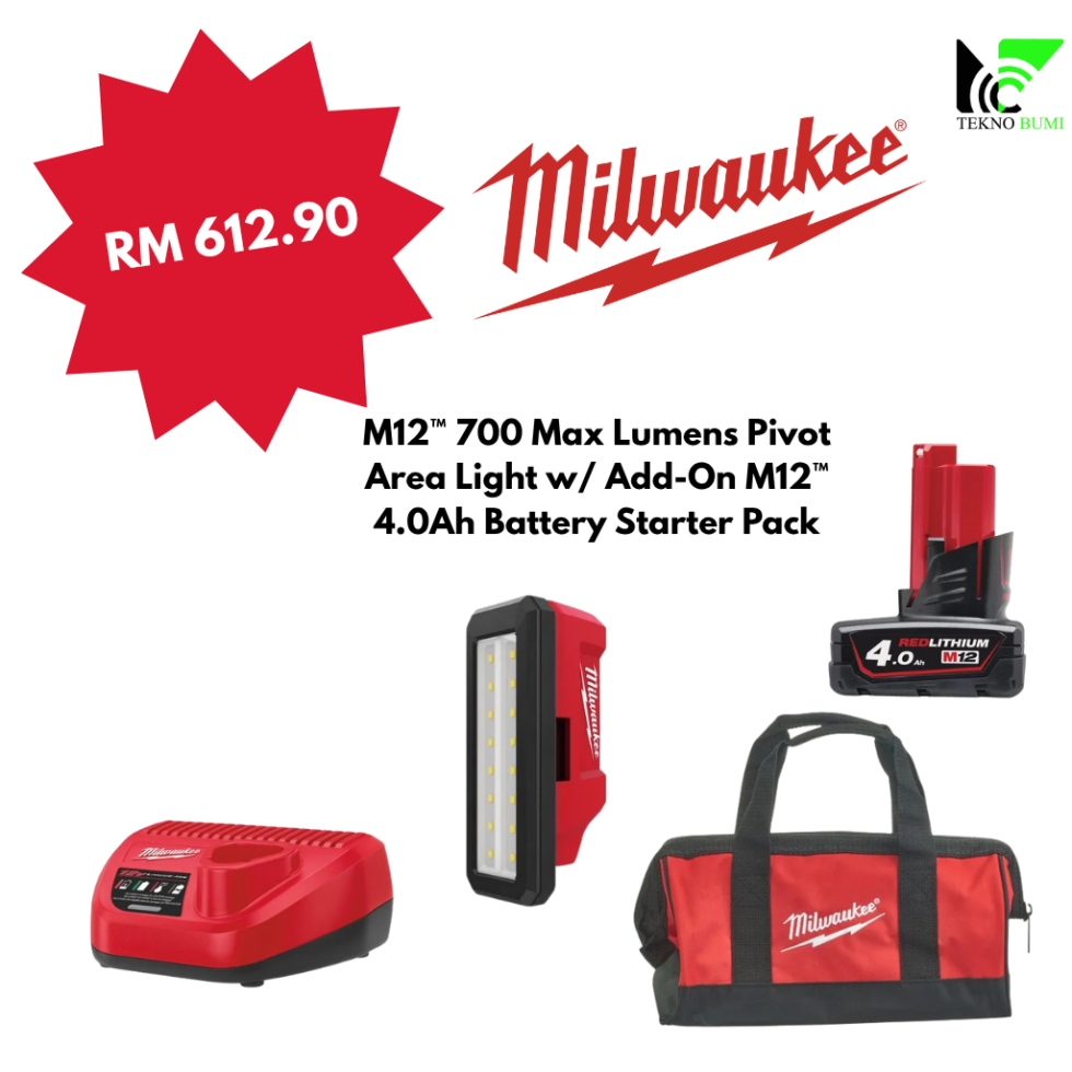 Milwaukee M12™ 700 Max Lumens Pivot Area Light w/ Add-On M12™ 4.0Ah Battery Starter Pack