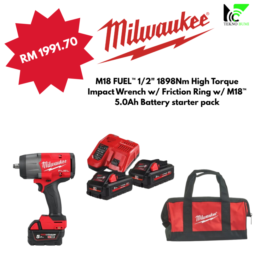 Milwaukee M18 FUEL™ 1/2" 1898Nm High Torque Impact Wrench w/ Friction Ring w/ M18™ 5.0Ah Battery starter pack