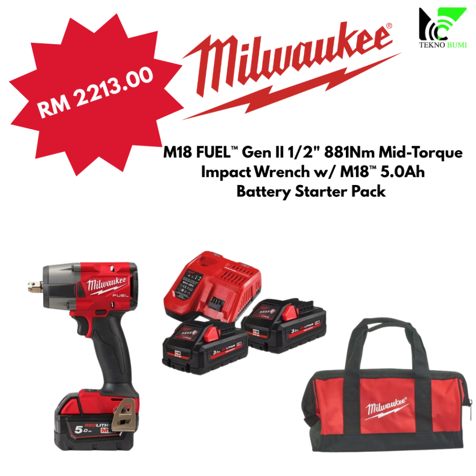 Milwaukee M18 FUEL™ Gen II 1/2" 881Nm Mid-Torque Impact Wrench w/ M18™ 5.0Ah Battery Starter Pack