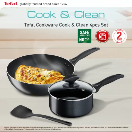 Tefal Cook & Clean 4pcs Set (Saucepan with lid 16cm + Wokpan 28cm + Small spatula)